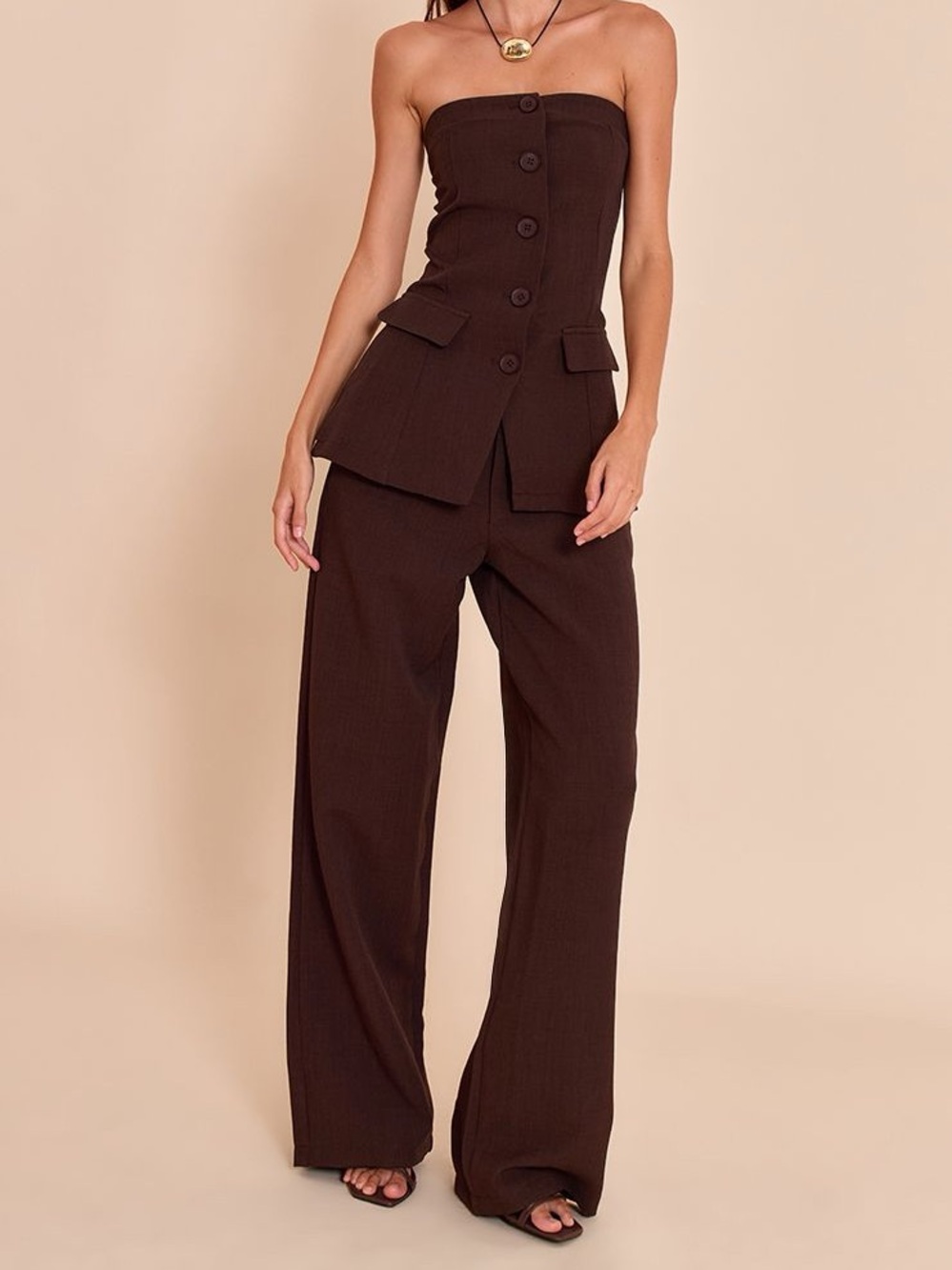 Strapless Wide-Leg Two Piece Set in Dark Brown